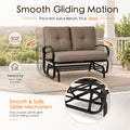 Infographic demonstrating the smooth and safe glider mechanism of the Kozyard patio rocker bench. Text highlights that this is not just a bench but a specialized glider offering a relaxing back-and-forth motion perfect for porch, patio, and garden. A circular close-up inset focuses on the high-quality lower mechanical glider base, detailing the reinforced steel joints and quiet glide engineering built for lasting comfort, frictionless motion, and superior operational durability over years.