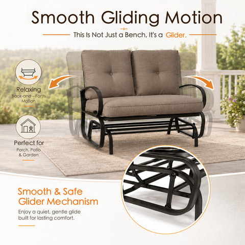 Infographic demonstrating the smooth and safe glider mechanism of the Kozyard patio rocker bench. Text highlights that this is not just a bench but a specialized glider offering a relaxing back-and-forth motion perfect for porch, patio, and garden. A circular close-up inset focuses on the high-quality lower mechanical glider base, detailing the reinforced steel joints and quiet glide engineering built for lasting comfort, frictionless motion, and superior operational durability over years.