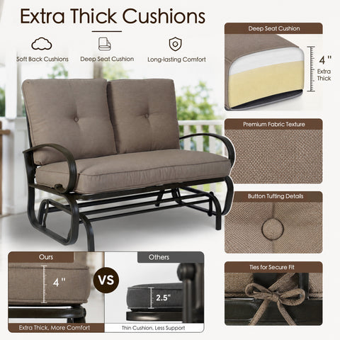Material feature diagram showcasing the extra-thick cushions of the Kozyard outdoor glider loveseat. Detailed product breakdown highlights soft back cushions, a deep four-inch extra-thick seat cushion made of layered high-density foam, and premium fabric texture built for long-lasting comfort. Visual panels compare Kozyard's four-inch superior comfort padding against competitors' thin alternatives, while close-ups demonstrate sophisticated button tufting details and secure fabric ties.
