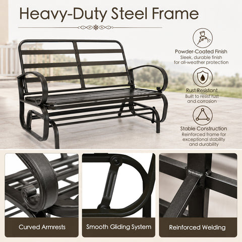 Technical specifications image highlighting the heavy-duty steel frame of the Kozyard porch glider rocker. The graphic demonstrates key structural benefits including a premium powder-coated finish for sleek all-weather protection, rust-resistant properties to withstand outdoor corrosion, and a stable reinforced construction. Three high-resolution zoom-in panels illustrate the elegant curved armrests, the integrated smooth gliding system, and the heavy-duty reinforced welding joints.