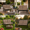 A comprehensive four-quadrant multi-scene display highlighting the versatility of the Kozyard glider bench across diverse outdoor environments. Individual quadrants feature the comfortable cushioned loveseat rocker perfectly integrated into a spacious stone patio, a covered wooden front porch, a vibrant flower garden with a woven coffee table, and an open backyard lawn setup next to a cozy fire pit. This graphic demonstrates how the all-weather glider adapts flawlessly to any exterior.