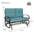 Detailed product dimension diagram for the Kozyard two-seater outdoor glider bench showcasing accurate structural measurements. The graphic illustrates a total height of thirty-seven inches, a depth of twenty-six and three-quarter inches, a seat height of eighteen and a half inches, and a total width of forty-seven and a half inches. An explicit weight capacity icon highlights that this heavy-duty steel frame rocking chair supports up to six hundred pounds, emphasizing its robust engineering.