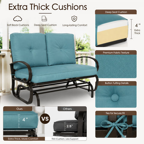 Material feature diagram showcasing the extra-thick cushions of the Kozyard outdoor glider loveseat. Detailed product breakdown highlights soft back cushions, a deep four-inch extra-thick seat cushion made of layered high-density foam, and premium fabric texture built for long-lasting comfort. Visual panels compare Kozyard's four-inch superior comfort padding against competitors' thin alternatives, while close-ups demonstrate sophisticated button tufting details and secure fabric ties.