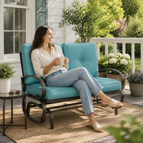 A smiling young woman relaxing independently on a Kozyard outdoor glider bench located on a sunny patio deck. She is comfortably holding a ceramic mug while sitting cross-legged on the plush, extra-thick tufted cushions. The surrounding environment features a side table with fresh flowers, a woven outdoor rug, and blooming garden bushes, emphasizing the premium comfort, aesthetic appeal, and cozy leisure lifestyle offered by this high-quality weather-resistant backyard lounge furniture.