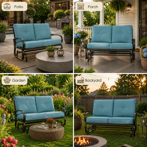 A comprehensive four-quadrant multi-scene display highlighting the versatility of the Kozyard glider bench across diverse outdoor environments. Individual quadrants feature the comfortable cushioned loveseat rocker perfectly integrated into a spacious stone patio, a covered wooden front porch, a vibrant flower garden with a woven coffee table, and an open backyard lawn setup next to a cozy fire pit. This graphic demonstrates how the all-weather glider adapts flawlessly to any exterior.