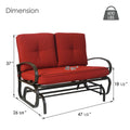 Detailed product dimension diagram for the Kozyard two-seater outdoor glider bench showcasing accurate structural measurements. The graphic illustrates a total height of thirty-seven inches, a depth of twenty-six and three-quarter inches, a seat height of eighteen and a half inches, and a total width of forty-seven and a half inches. An explicit weight capacity icon highlights that this heavy-duty steel frame rocking chair supports up to six hundred pounds, emphasizing its robust engineering.