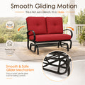 Infographic demonstrating the smooth and safe glider mechanism of the Kozyard patio rocker bench. Text highlights that this is not just a bench but a specialized glider offering a relaxing back-and-forth motion perfect for porch, patio, and garden. A circular close-up inset focuses on the high-quality lower mechanical glider base, detailing the reinforced steel joints and quiet glide engineering built for lasting comfort, frictionless motion, and superior operational durability over years.
