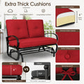 Material feature diagram showcasing the extra-thick cushions of the Kozyard outdoor glider loveseat. Detailed product breakdown highlights soft back cushions, a deep four-inch extra-thick seat cushion made of layered high-density foam, and premium fabric texture built for long-lasting comfort. Visual panels compare Kozyard's four-inch superior comfort padding against competitors' thin alternatives, while close-ups demonstrate sophisticated button tufting details and secure fabric ties.