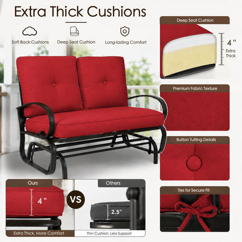Material feature diagram showcasing the extra-thick cushions of the Kozyard outdoor glider loveseat. Detailed product breakdown highlights soft back cushions, a deep four-inch extra-thick seat cushion made of layered high-density foam, and premium fabric texture built for long-lasting comfort. Visual panels compare Kozyard's four-inch superior comfort padding against competitors' thin alternatives, while close-ups demonstrate sophisticated button tufting details and secure fabric ties.