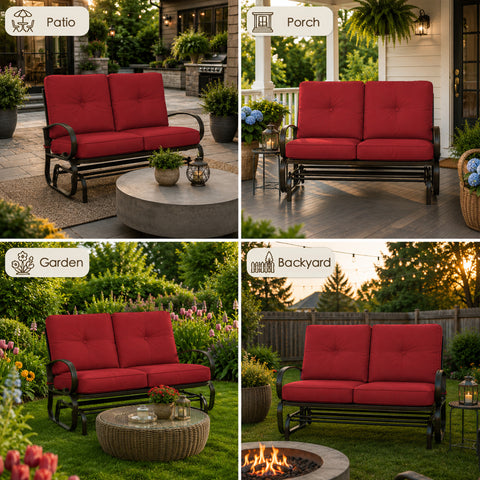 A comprehensive four-quadrant multi-scene display highlighting the versatility of the Kozyard glider bench across diverse outdoor environments. Individual quadrants feature the comfortable cushioned loveseat rocker perfectly integrated into a spacious stone patio, a covered wooden front porch, a vibrant flower garden with a woven coffee table, and an open backyard lawn setup next to a cozy fire pit. This graphic demonstrates how the all-weather glider adapts flawlessly to any exterior.