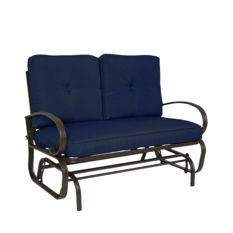 A glider chair with a navy blue cushioned seat and backrest. The chair features a sturdy metal frame with curved armrests and a slatted lower frame, designed for comfortable outdoor or indoor relaxation. glider chair, navy blue cushion, metal frame, curved armrests, relaxation.