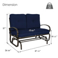 Detailed product dimension diagram for the Kozyard two-seater outdoor glider bench showcasing accurate structural measurements. The graphic illustrates a total height of thirty-seven inches, a depth of twenty-six and three-quarter inches, a seat height of eighteen and a half inches, and a total width of forty-seven and a half inches. An explicit weight capacity icon highlights that this heavy-duty steel frame rocking chair supports up to six hundred pounds, emphasizing its robust engineering.