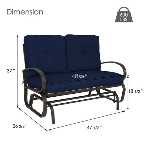 Detailed product dimension diagram for the Kozyard two-seater outdoor glider bench showcasing accurate structural measurements. The graphic illustrates a total height of thirty-seven inches, a depth of twenty-six and three-quarter inches, a seat height of eighteen and a half inches, and a total width of forty-seven and a half inches. An explicit weight capacity icon highlights that this heavy-duty steel frame rocking chair supports up to six hundred pounds, emphasizing its robust engineering.