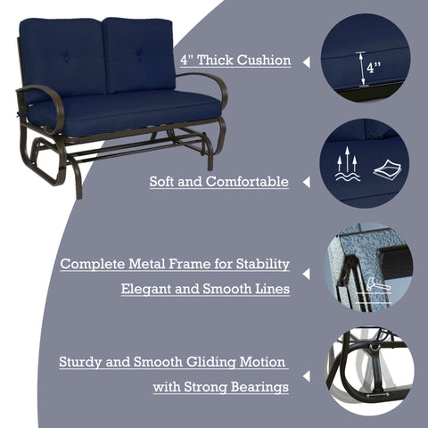 A glider chair with 4-inch thick navy blue cushions, offering soft and comfortable seating. It features a sturdy metal frame for stability, with elegant and smooth lines. The chair also provides a sturdy and smooth gliding motion thanks to its strong bearings. navy blue-cushioned glider chair, 4-inch thick cushions, metal frame, smooth gliding motion, comfortable seating.