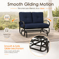 Infographic demonstrating the smooth and safe glider mechanism of the Kozyard patio rocker bench. Text highlights that this is not just a bench but a specialized glider offering a relaxing back-and-forth motion perfect for porch, patio, and garden. A circular close-up inset focuses on the high-quality lower mechanical glider base, detailing the reinforced steel joints and quiet glide engineering built for lasting comfort, frictionless motion, and superior operational durability over years.