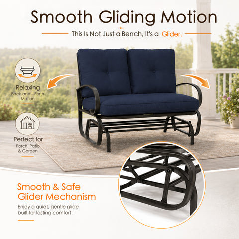Infographic demonstrating the smooth and safe glider mechanism of the Kozyard patio rocker bench. Text highlights that this is not just a bench but a specialized glider offering a relaxing back-and-forth motion perfect for porch, patio, and garden. A circular close-up inset focuses on the high-quality lower mechanical glider base, detailing the reinforced steel joints and quiet glide engineering built for lasting comfort, frictionless motion, and superior operational durability over years.