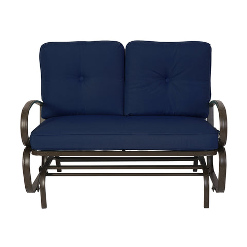 A glider chair with a navy blue cushioned seat and backrest. The chair features a sturdy metal frame with curved armrests and a slatted lower frame, designed for comfortable outdoor or indoor relaxation. glider chair, navy blue cushion, metal frame, curved armrests, relaxation.