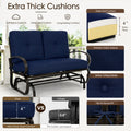Material feature diagram showcasing the extra-thick cushions of the Kozyard outdoor glider loveseat. Detailed product breakdown highlights soft back cushions, a deep four-inch extra-thick seat cushion made of layered high-density foam, and premium fabric texture built for long-lasting comfort. Visual panels compare Kozyard's four-inch superior comfort padding against competitors' thin alternatives, while close-ups demonstrate sophisticated button tufting details and secure fabric ties.