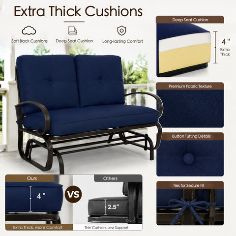 Material feature diagram showcasing the extra-thick cushions of the Kozyard outdoor glider loveseat. Detailed product breakdown highlights soft back cushions, a deep four-inch extra-thick seat cushion made of layered high-density foam, and premium fabric texture built for long-lasting comfort. Visual panels compare Kozyard's four-inch superior comfort padding against competitors' thin alternatives, while close-ups demonstrate sophisticated button tufting details and secure fabric ties.