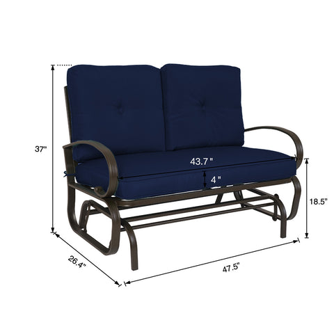 A glider chair with navy blue cushions, featuring dimensions of 47 inches in width, 33.5 inches in height, and a seat cushion thickness of 6 inches. The chair has a sturdy metal frame with curved arm-rests, and a height of 29.1 inches from the ground to the bottom of the frame. navy blue-cushioned glider chair, metal-framed glider, cushioned seating, chair dimensions.