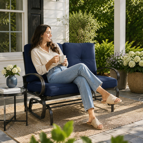 A smiling young woman relaxing independently on a Kozyard outdoor glider bench located on a sunny patio deck. She is comfortably holding a ceramic mug while sitting cross-legged on the plush, extra-thick tufted cushions. The surrounding environment features a side table with fresh flowers, a woven outdoor rug, and blooming garden bushes, emphasizing the premium comfort, aesthetic appeal, and cozy leisure lifestyle offered by this high-quality weather-resistant backyard lounge furniture.
