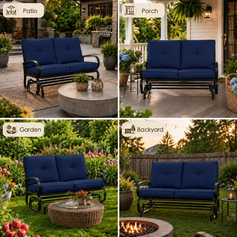 A comprehensive four-quadrant multi-scene display highlighting the versatility of the Kozyard glider bench across diverse outdoor environments. Individual quadrants feature the comfortable cushioned loveseat rocker perfectly integrated into a spacious stone patio, a covered wooden front porch, a vibrant flower garden with a woven coffee table, and an open backyard lawn setup next to a cozy fire pit. This graphic demonstrates how the all-weather glider adapts flawlessly to any exterior.