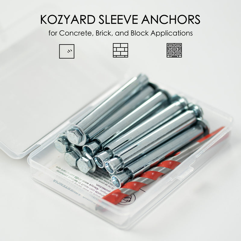 KOZYARD Sleeve Anchors Kit
A set of KOZYARD sleeve anchors in a plastic case, suitable for concrete, brick, and block applications, accompanied by a drill bit. Keywords: sleeve anchors, construction hardware, concrete anchors
