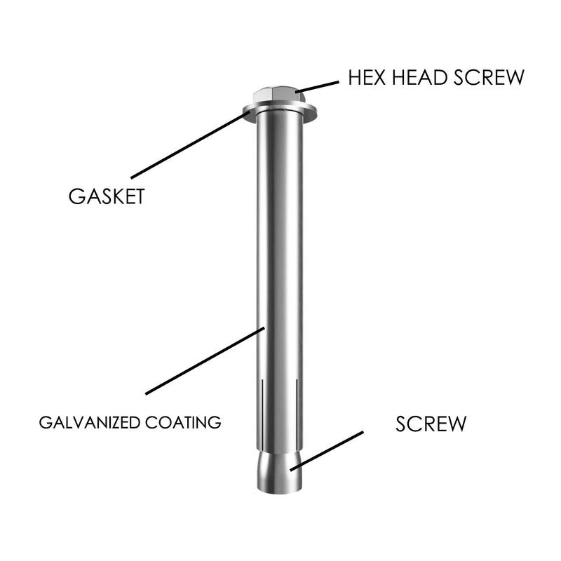 Components of Galvanized Sleeve 
An illustration of a galvanized sleeve anchor, labeling its components including hex head screw, gasket, galvanized coating, and screw. Keywords: sleeve anchor, anchor components, galvanized coating
