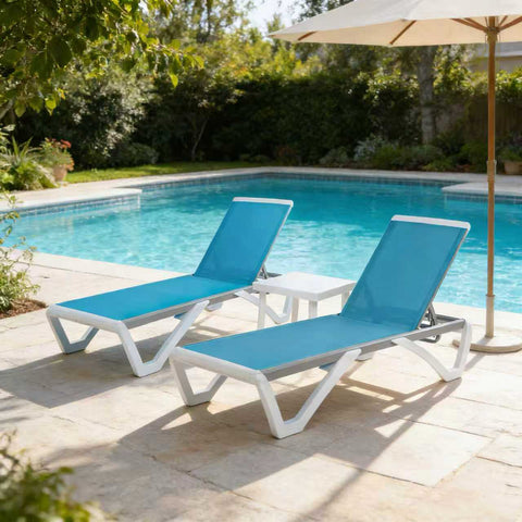 Kozyard Outdoor Poolside Chaise Lounge Set: 2 adjustable-recline lounges + matching side table, vibrant blue durable Textilene fabric & sturdy metal frame—ideal for poolside/patio relaxation with weather-resistant, outdoor-friendly build.

