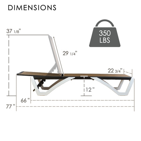 Kozyard Outdoor Chaise Lounge Dimensions: 350 lbs weight capacity, adjustable recline; sturdy metal frame & durable Textilene fabric (77” L × 22 3/4” W), suitable for outdoor patio/poolside comfort.