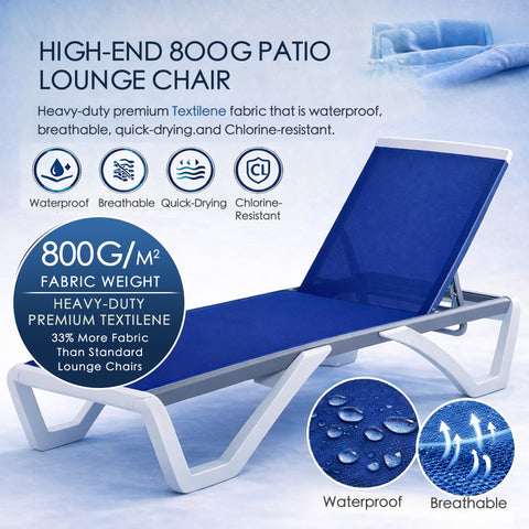 kozyard High-End 800G Patio Lounge Chair, Premium 800G Textilene Fabric (Waterproof, Breathable, Quick-Drying, Chlorine-Resistant), 33% More Fabric Than Standard, Adjustable Backrest, White & Gray Aluminum Frame for Poolside & Outdoor Use
