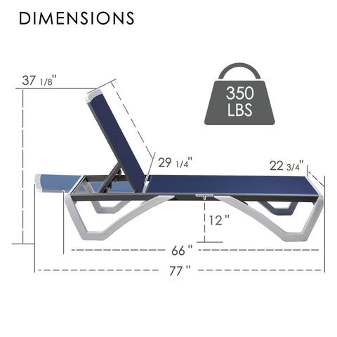 Kozyard Outdoor Chaise Lounge Dimensions: 350 lbs weight capacity, adjustable recline; sturdy metal frame & durable Textilene fabric (77” L × 22 3/4” W), suitable for outdoor patio/poolside comfort.
