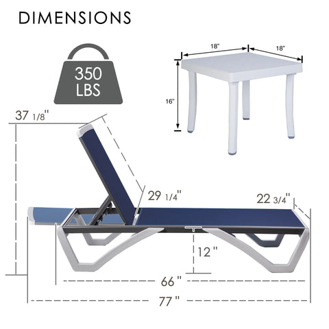 KOZYARD Adjustable Pool Lounge Chair, 77" Length, 350lbs Weight Capacity, 18" Side Table, 6-Level Recline, Precision Size Specs
