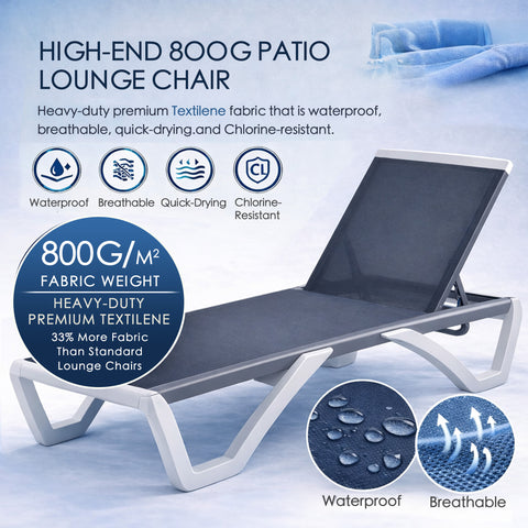 kozyard High-End 800G Patio Lounge Chair, Premium 800G Textilene Fabric (Waterproof, Breathable, Quick-Drying, Chlorine-Resistant), 33% More Fabric Than Standard, Adjustable Backrest, White & Gray Aluminum Frame for Poolside & Outdoor Use
