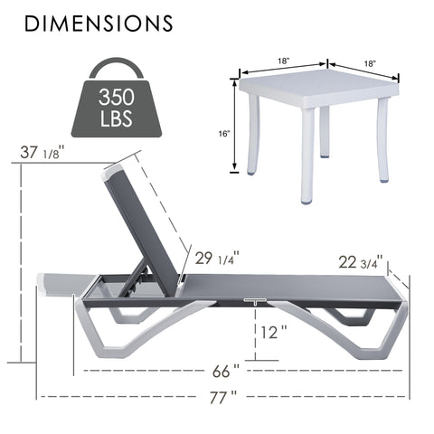 KOZYARD Adjustable Pool Lounge Chair, 77" Length, 350lbs Weight Capacity, 18" Side Table, 6-Level Recline, Precision Size Specs
