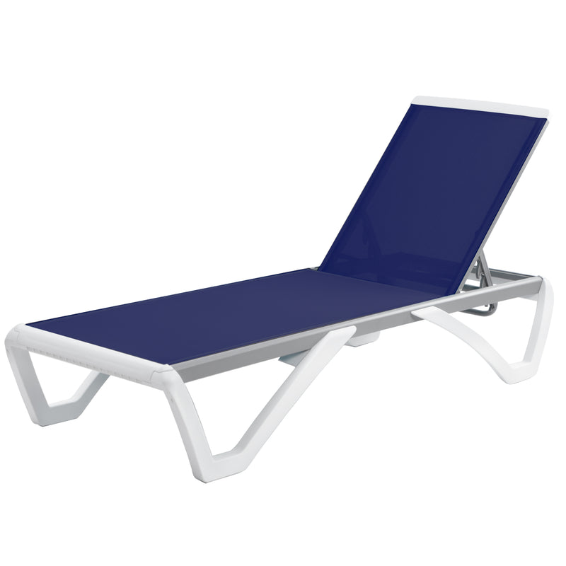 A modern outdoor lounge bed with a sleek design. It features a navy blue fabric surface, a light-gray metal frame and white plastic legs, with adjustable backrest for comfortable relaxation in outdoor settings like poolsides, beaches, or patios. Sleek Modern Outdoor Lounge Bed. outdoor lounge bed, modern design, adjustable backrest, navy blue fabric, metal frame.