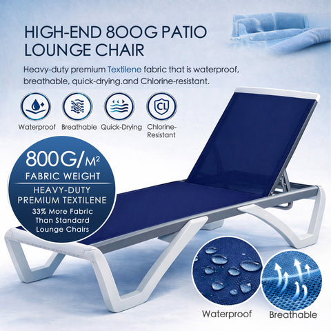 kozyard High-End 800G Patio Lounge Chair, Premium 800G Textilene Fabric (Waterproof, Breathable, Quick-Drying, Chlorine-Resistant), 33% More Fabric Than Standard, Adjustable Backrest, White & Gray Aluminum Frame for Poolside & Outdoor Use

