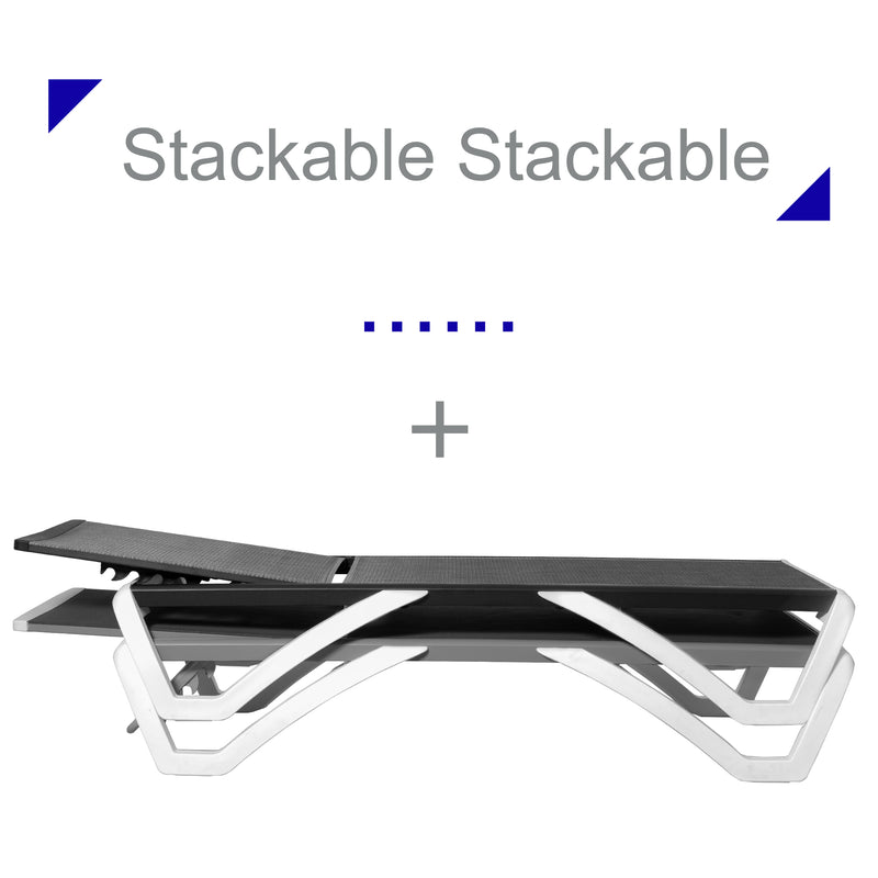 An image demonstrating the stackable feature of outdoor lounge beds. The top lounge bed has a gray woven surface, and it is placed on top of another lounge bed, which has a gray surface. The text "Stackable Stackable" emphasizes the key feature, and a plus sign is shown between the beds to indicate the stacking concept. Stackable Outdoor Lounge Beds for Space - Saving. outdoor lounge beds, stackable, space - saving, woven surface.