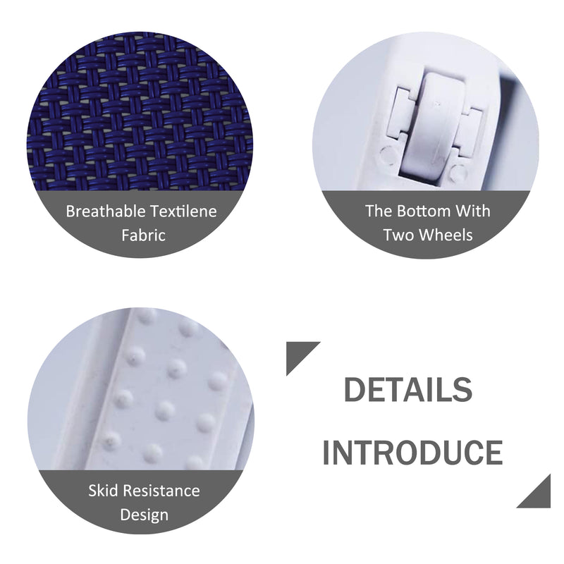 An infographic highlighting the key features of an outdoor lounge bed. It showcases a breathable Textilene fabric with a woven pattern, a bottom equipped with two wheels for easy movement, and a skid - resistance design. The text "DETAILS INTRODUCE" emphasizes the focus on these features. Outdoor Lounge Bed Features: Breathable Fabric, Wheels, and Skid - Resistance. outdoor lounge bed, breathable Textilene fabric, two - wheel bottom, skid - resistance design.