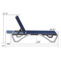 A dimensioned illustration of an outdoor lounge bed with a blue fabric surface and a light - grey frame. The image shows key measurements: 37.2 inches in height at the backrest, 22.8 inches in width, 12 inches in height from the ground to the base, 66 inches in length of the seating area, and 77 inches in total length.Outdoor Lounge Bed: Size Dimensions. outdoor lounge bed, lounge bed dimensions, blue fabric, light - grey frame