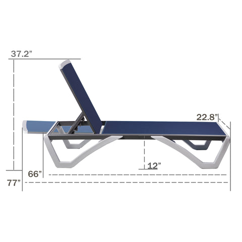 A dimensioned illustration of an outdoor lounge bed with a blue fabric surface and a light - grey frame. The image shows key measurements: 37.2 inches in height at the backrest, 22.8 inches in width, 12 inches in height from the ground to the base, 66 inches in length of the seating area, and 77 inches in total length.Outdoor Lounge Bed: Size Dimensions. outdoor lounge bed, lounge bed dimensions, blue fabric, light - grey frame