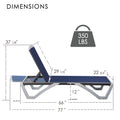 Kozyard Outdoor Chaise Lounge Dimensions: 350 lbs weight capacity, adjustable recline; sturdy metal frame & durable Textilene fabric (77” L × 22 3/4” W), suitable for outdoor patio/poolside comfort.