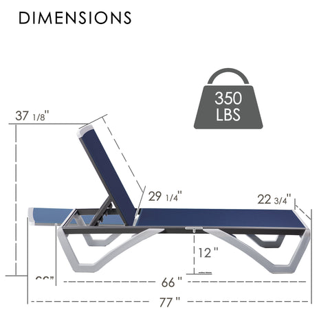 Kozyard Outdoor Chaise Lounge Dimensions: 350 lbs weight capacity, adjustable recline; sturdy metal frame & durable Textilene fabric (77” L × 22 3/4” W), suitable for outdoor patio/poolside comfort.