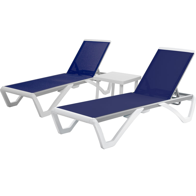 A set of two outdoor lounge beds with deep blue fabric surfaces and sleek white frames, accompanied by a matching white side table. The lounge beds are designed for relaxation, likely for poolside or patio use. Outdoor Lounge Bed Set: Comfort and Style. outdoor lounge beds, blue fabric, white frame, side table, patio furniture