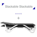 An image demonstrating the stackable feature of outdoor lounge beds. The top lounge bed has a gray woven surface, and it is placed on top of another lounge bed, which has a gray surface. The text "Stackable Stackable" emphasizes the key feature, and a plus sign is shown between the beds to indicate the stacking concept. Stackable Outdoor Lounge Beds for Space - Saving. outdoor lounge beds, stackable, space - saving, woven surface.