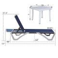 A dimensioned illustration showing an outdoor lounge bed with a blue fabric surface and a white frame, along with a white side table. The lounge bed has measurements labeled: 37.2 inches in height at the backrest, 22.8 inches in width, 12 inches in height from the ground to the base, 66 inches in length of the seating area, and 77 inches in total length. The side table is labeled with dimensions 18 inches in length and width, and 16 inches in height. Outdoor Lounge Bed and Side Table Dimensions.