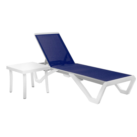 A modern outdoor lounge set featuring a sleek, adjustable lounge bed with a navy blue fabric surface and a matching white - framed side table. The lounge bed has a contemporary design with angular white legs, and the side table provides a convenient surface for placing items. Contemporary Outdoor Lounge Bed with Side Table. outdoor lounge bed, side table, adjustable backrest, navy blue fabric, modern design