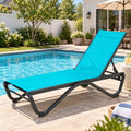 Kozyard outdoor chaise lounge chair beside a swimming pool, designed for comfortable sunbathing and relaxing outdoor living. This adjustable patio recliner features breathable mesh fabric, supportive ergonomic seating, multiple backrest positions and a durable weather-resistant frame, making it ideal as a pool lounge chair, patio sun lounger, deck chair, backyard recliner or garden lounge furniture.
