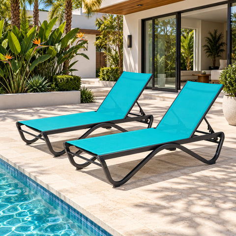 Kozyard outdoor chaise lounge chairs create a comfortable backyard patio retreat with adjustable reclining backrests, breathable mesh seating and durable weather-resistant frames. These patio lounge chairs are ideal for couples, poolside relaxation, sunbathing, garden seating and outdoor living, offering ergonomic support and versatile reclining comfort for decks, patios, lawns, resorts and residential spaces.