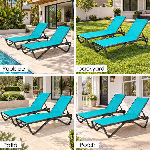 Kozyard outdoor chaise lounge chair for poolside, backyard, patio and porch relaxation, featuring an adjustable reclining backrest, breathable mesh fabric and durable weather-resistant frame. This modern patio lounge chair is ideal for sunbathing, pool deck seating, garden relaxation and outdoor living, combining comfortable support, stylish design and versatile placement for residential outdoor spaces.